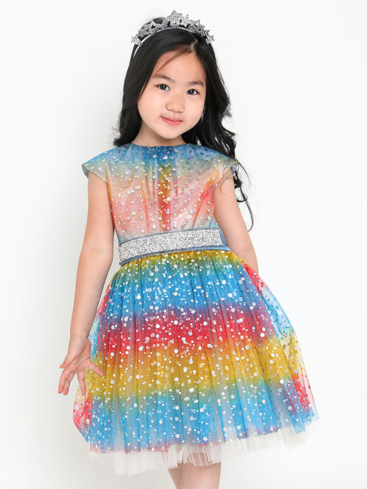 Iridescent Dot Rainbow Party Dress For Girls