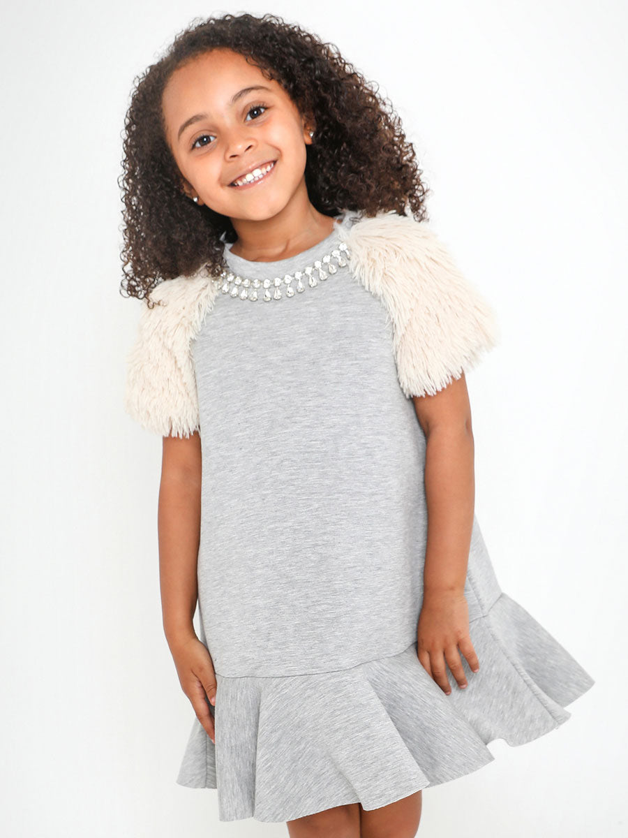 Faux Fur Sleeve Scuba Dress with Necklace for Girls