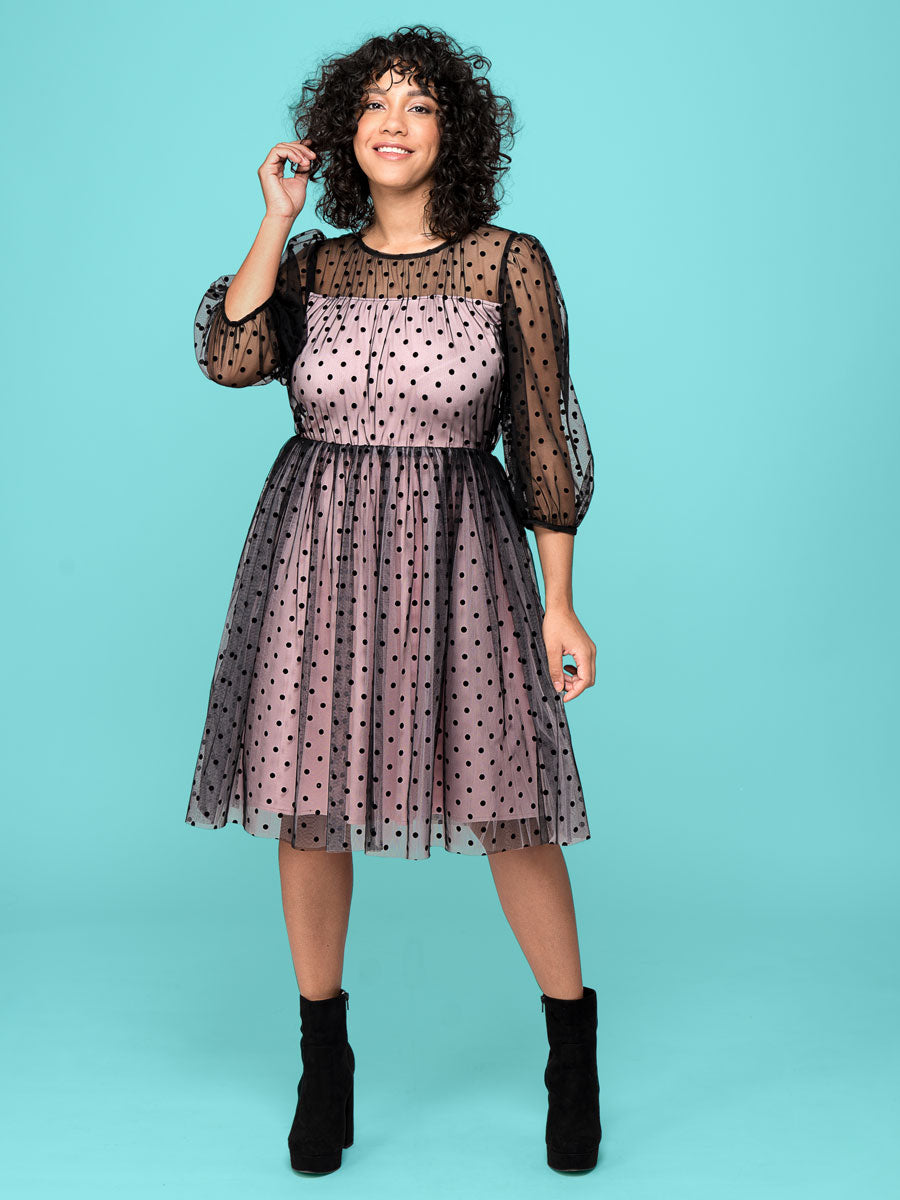 Black Flocked Dot Mesh Pink Dress for Women
