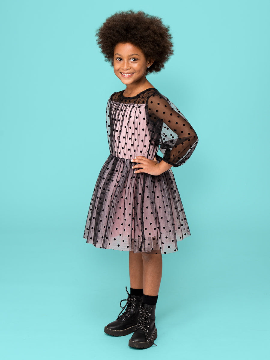 Black Dot Mesh Pink Dress for Girls