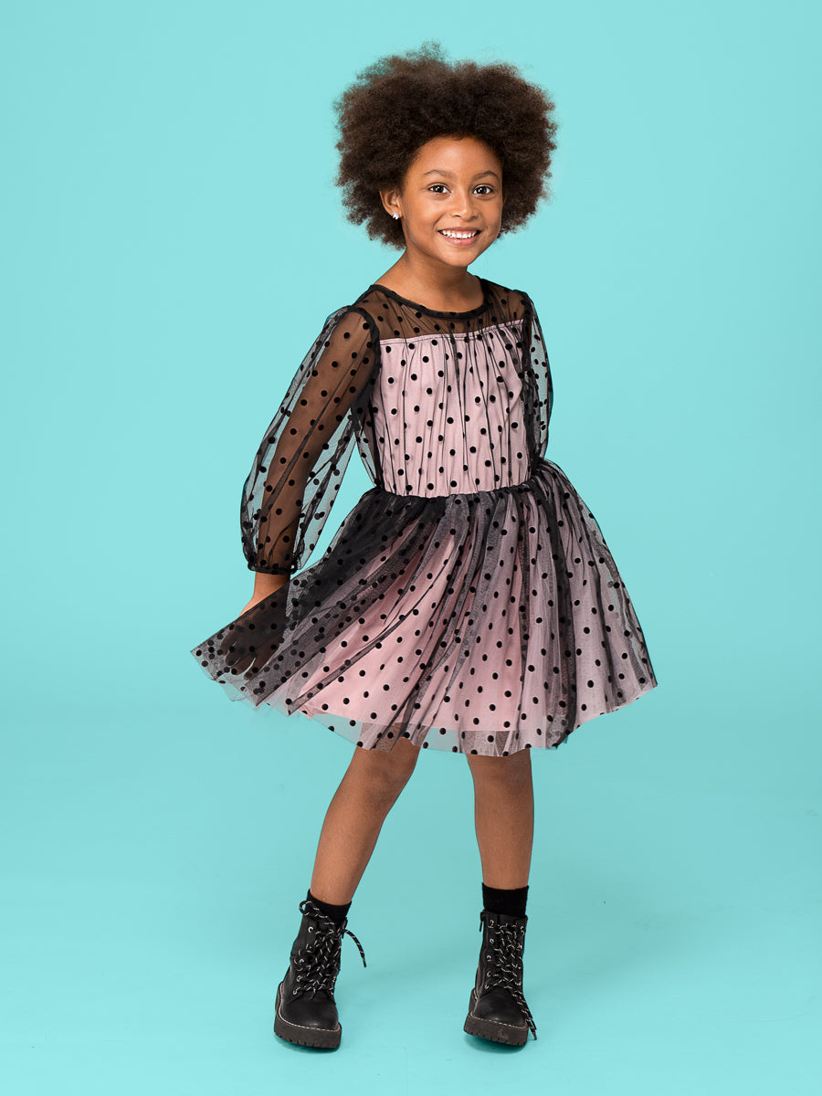 Black Dot Mesh Pink Dress for Girls