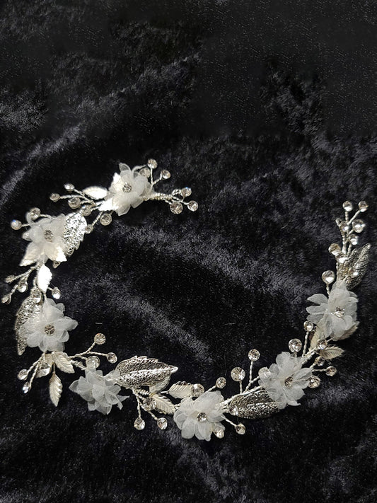 Silver Leaf & Organza Flower Head Band