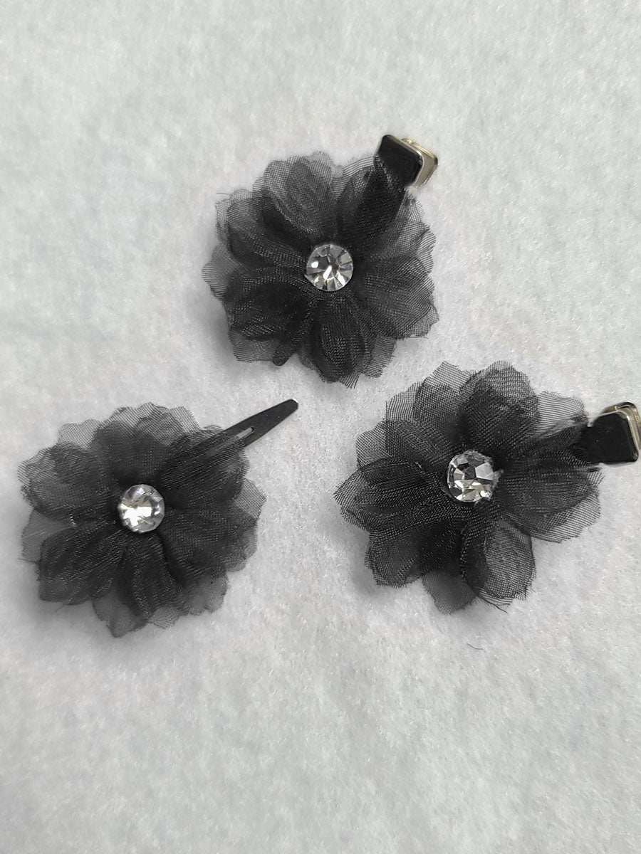 Three Mini Black Flower & Crystal Barrettes for Girl
