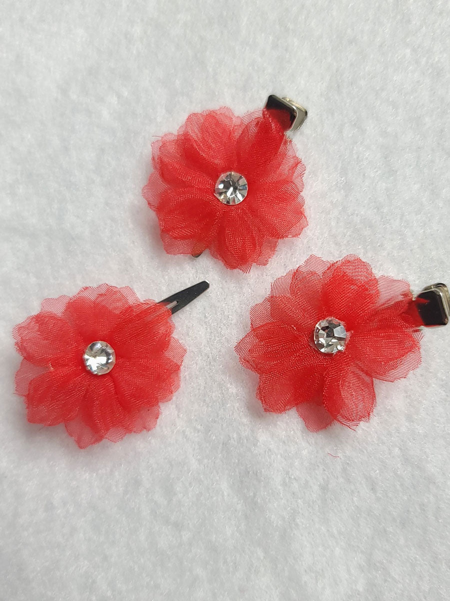 Three mini Red Flower & Crystal Hair Clips for Girls