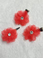 Three mini Red Flower & Crystal Hair Clips for Girls