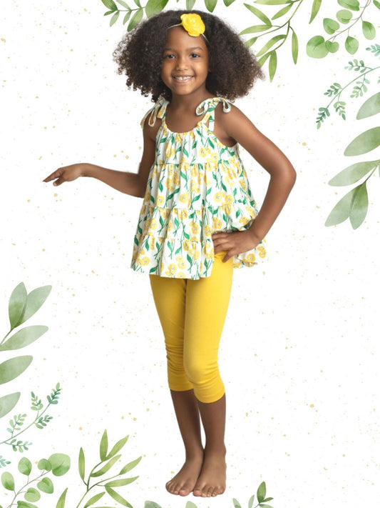 Lemon Yellow Floral 2 Piece Top & Legging Set For Girls