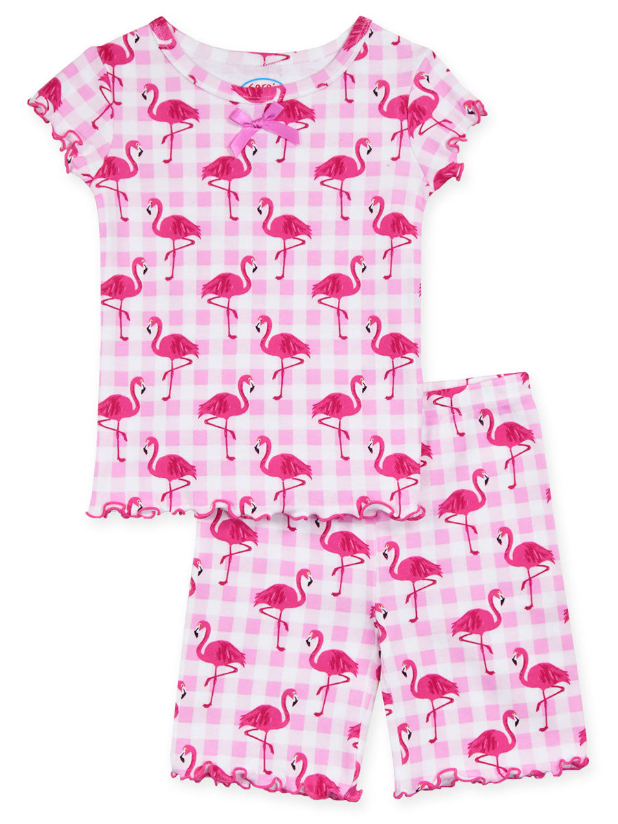 Plaid Flamingo Short Pajama Set for Girls