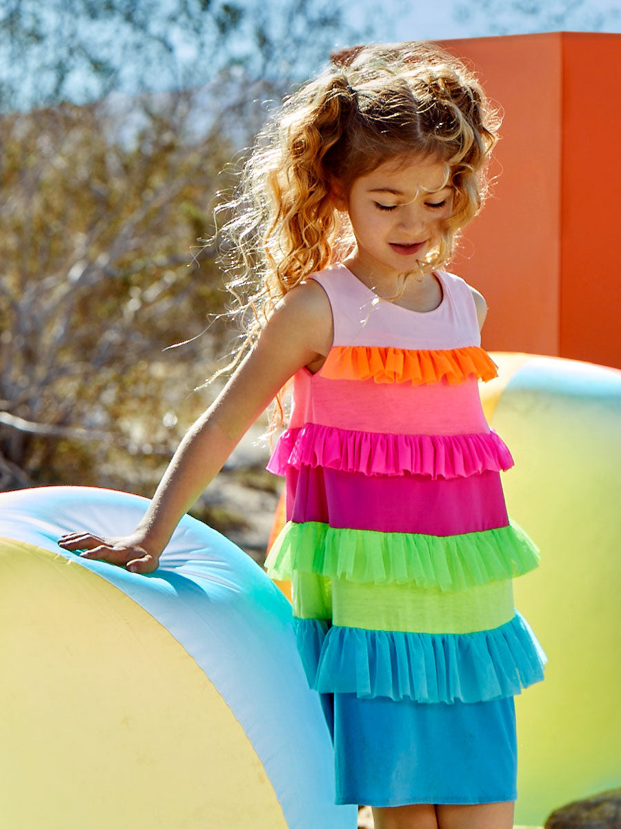 Rainbow Ruffle Jersey Dress For Girls