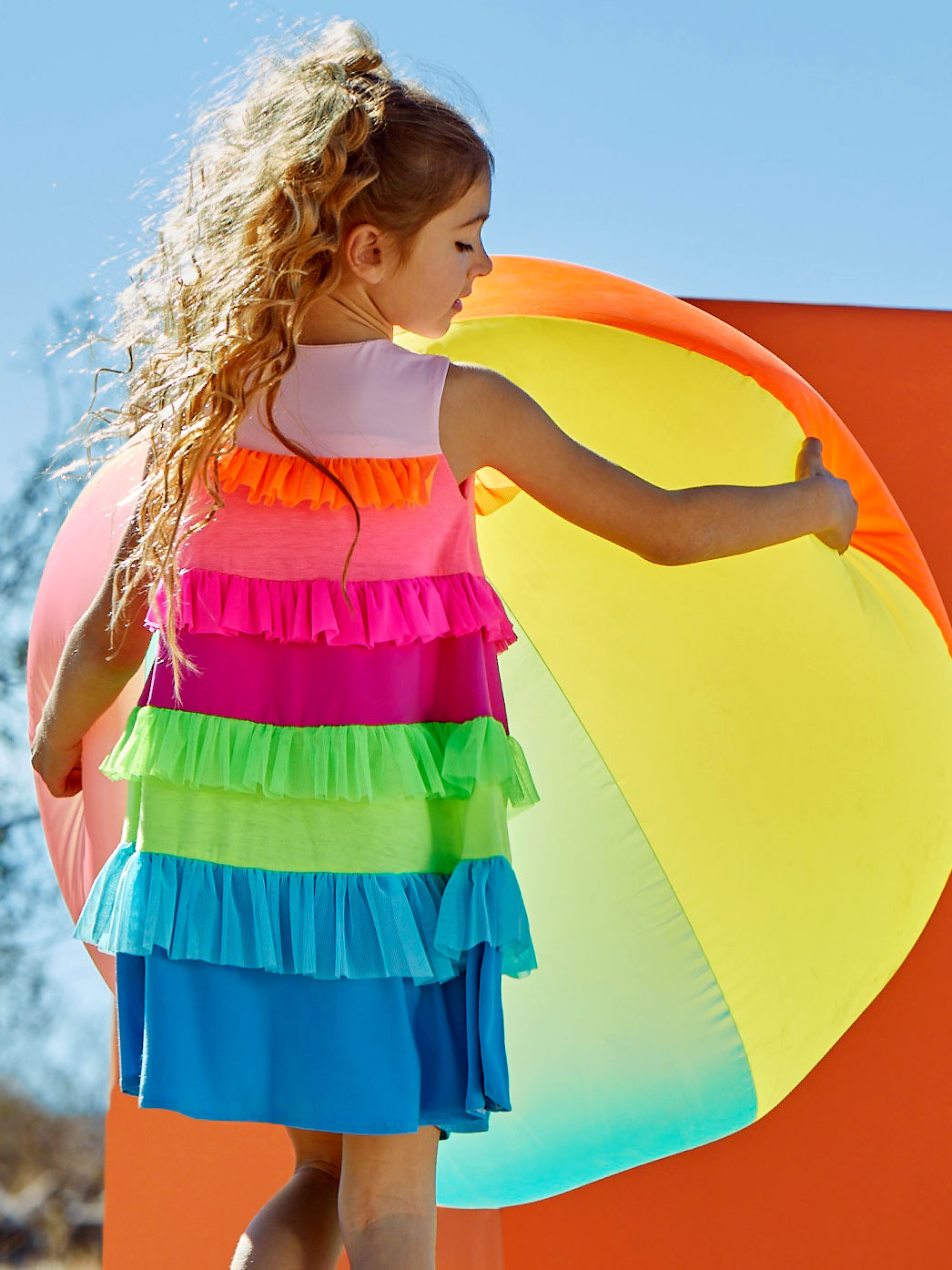 Rainbow Ruffle Jersey Dress For Girls