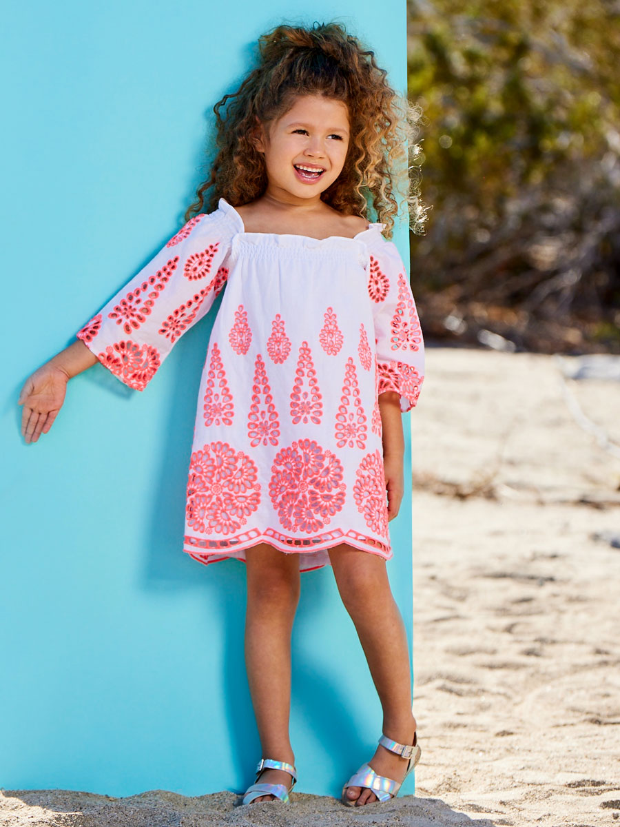 Embroidered Eyelet Smocked Dress For Girls
