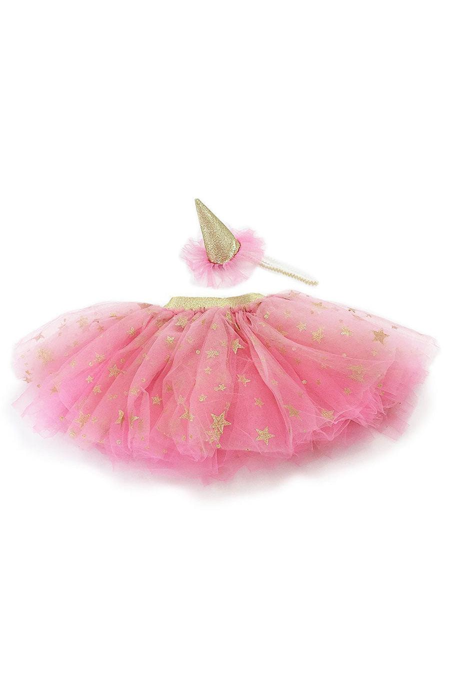 Pink tutu skirt with gold stars and a matching headband on a white background