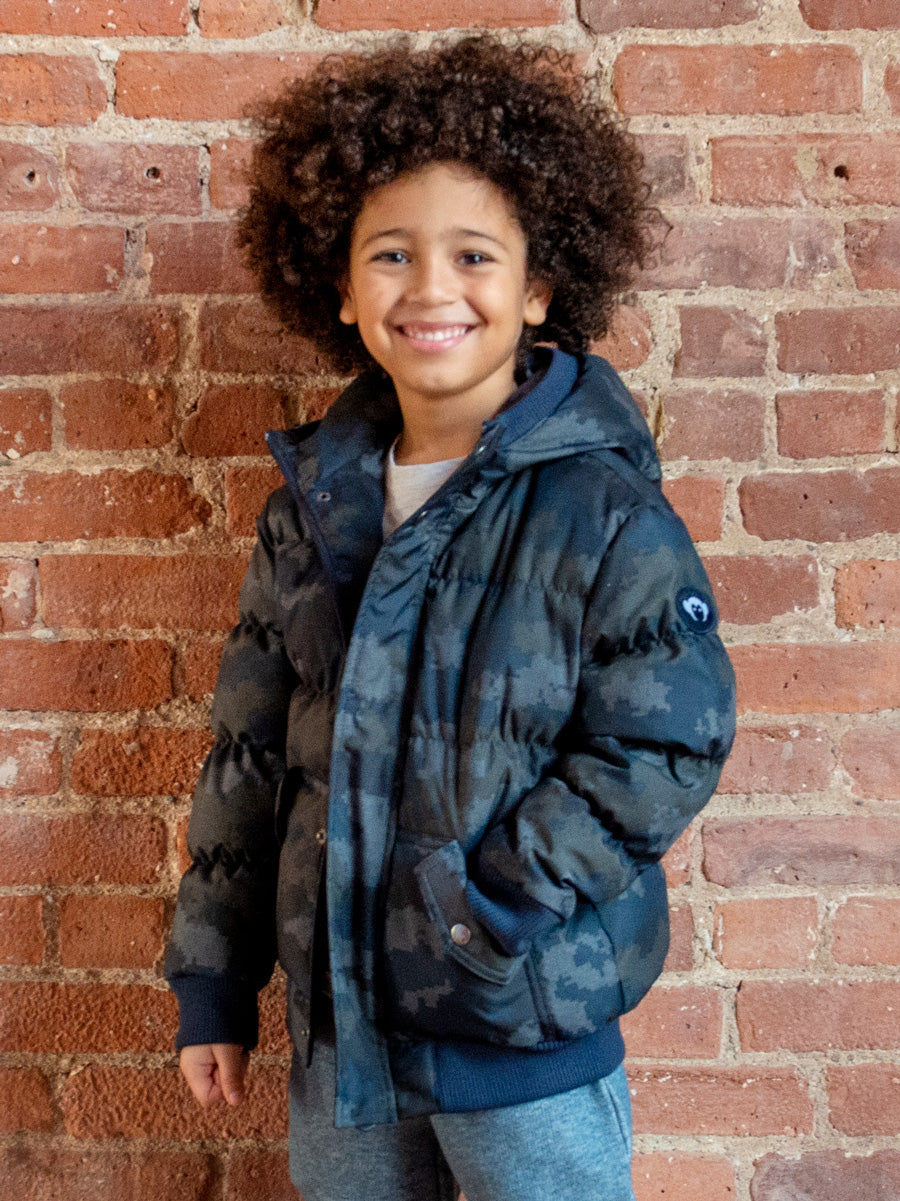 Boys Puffer Coat, Teal Cloud Print