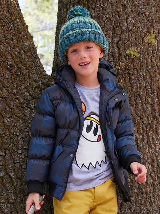 Boys Puffer Coat, Teal Cloud Print