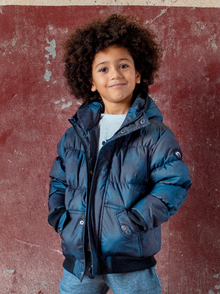 Boys Puffer Coat, Teal Cloud Print