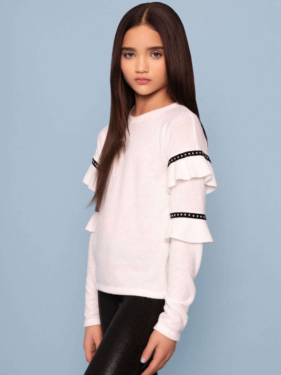 White Ruffle Sleeve Sweater for Girls