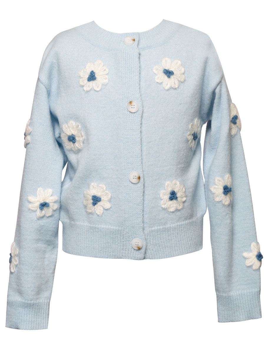 Blue Soft Knit Flower Cardigan for Girls