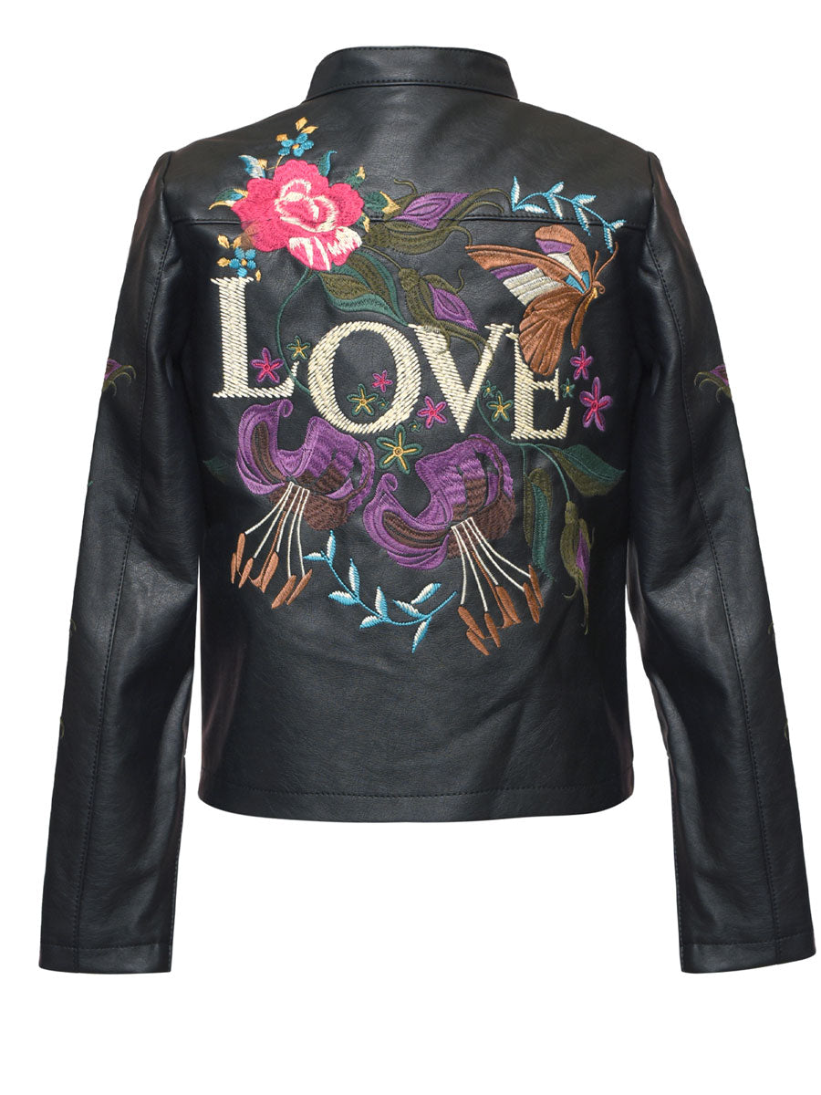 Embroidered Faux Leather Jacket for Girls