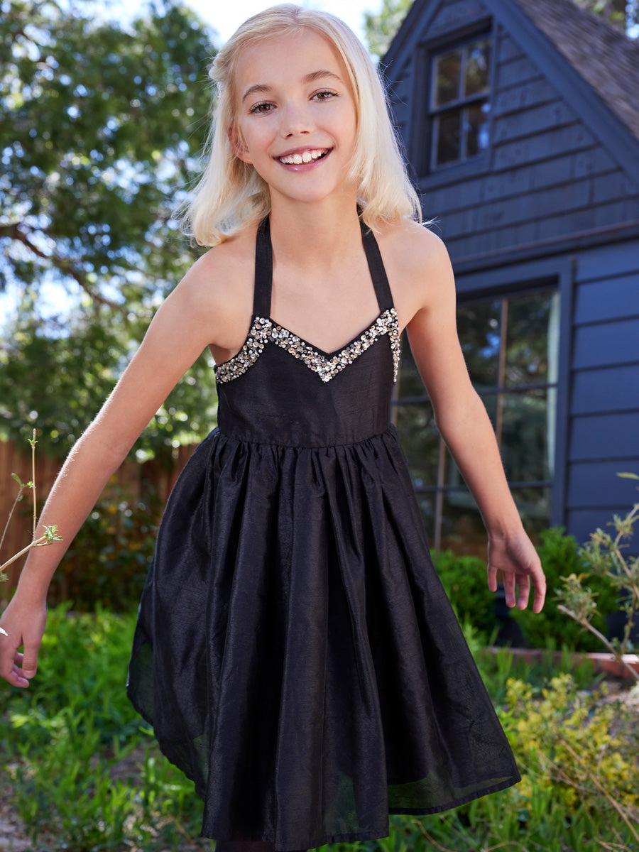 Evaleen Black Halter Dress with Gems