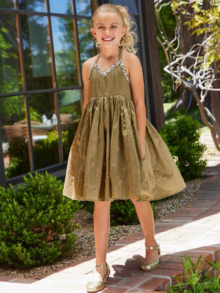 Evaleen Gold Halter Dress with Gems  for Girls