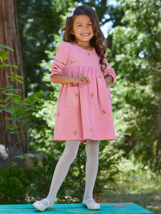 Floral Embroidered Cord Dress for Girls