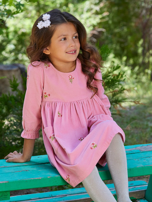 Fiona Pink Floral Embroidered Cord Dress for Girls