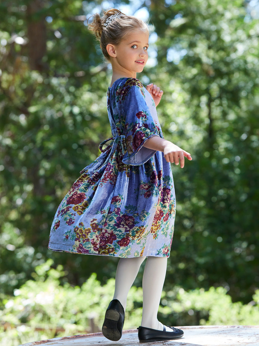 Claudette Blue Floral Velvet Dress for Girls
