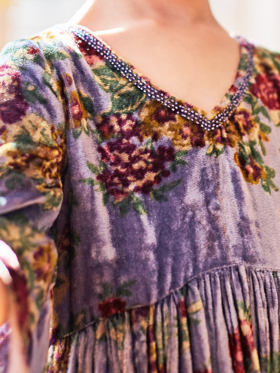 Claudette Blue Floral Velvet Dress for Girls