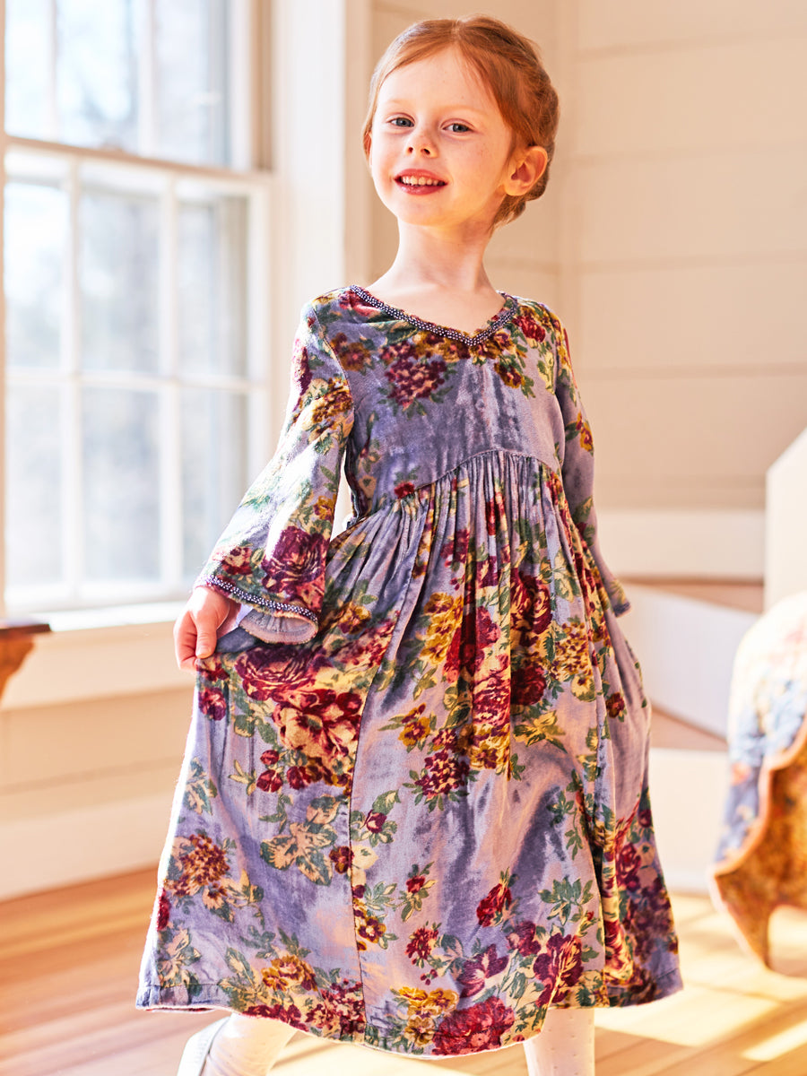Claudette Blue Floral Velvet Dress for Girls