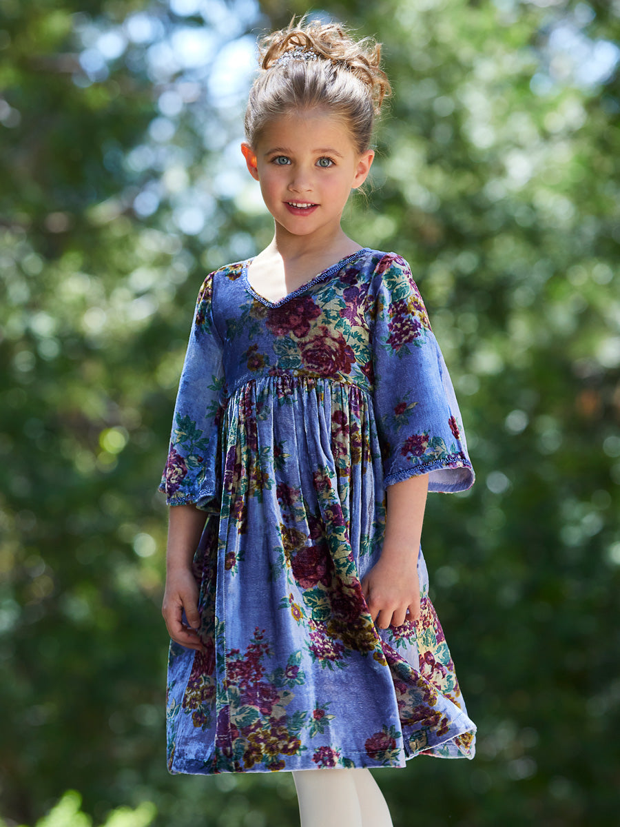 Claudette Blue Floral Velvet Dress for Girls