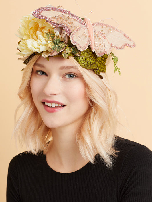 Spring Fairy Floral Headpiece with Extra Large Pink Blush Butterfly