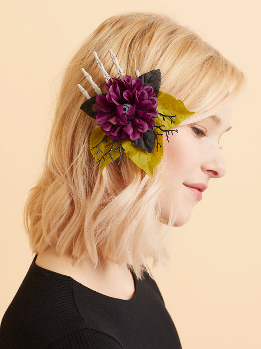 Purple Floral Beaded Eyeball Hair Clip with Skeleton Hand
