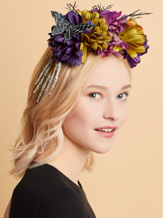 Purple Butterfly and Floral Headpiece with Skeleton Hand