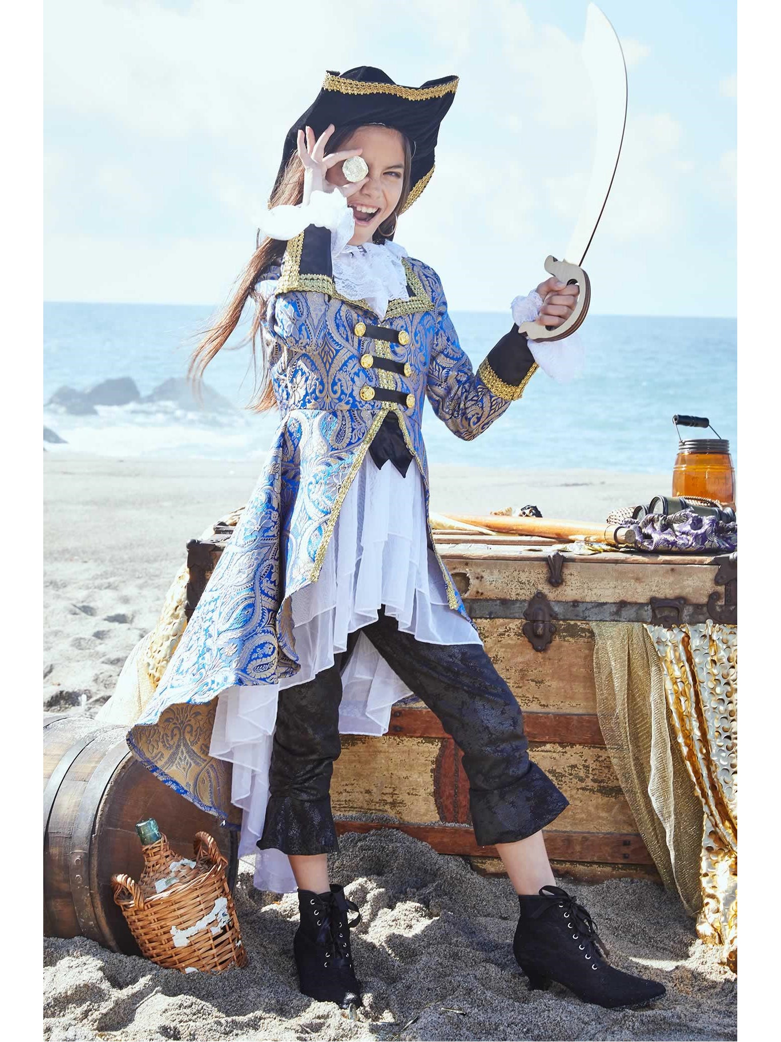 Blue Brocade Pirate Costume for Girls