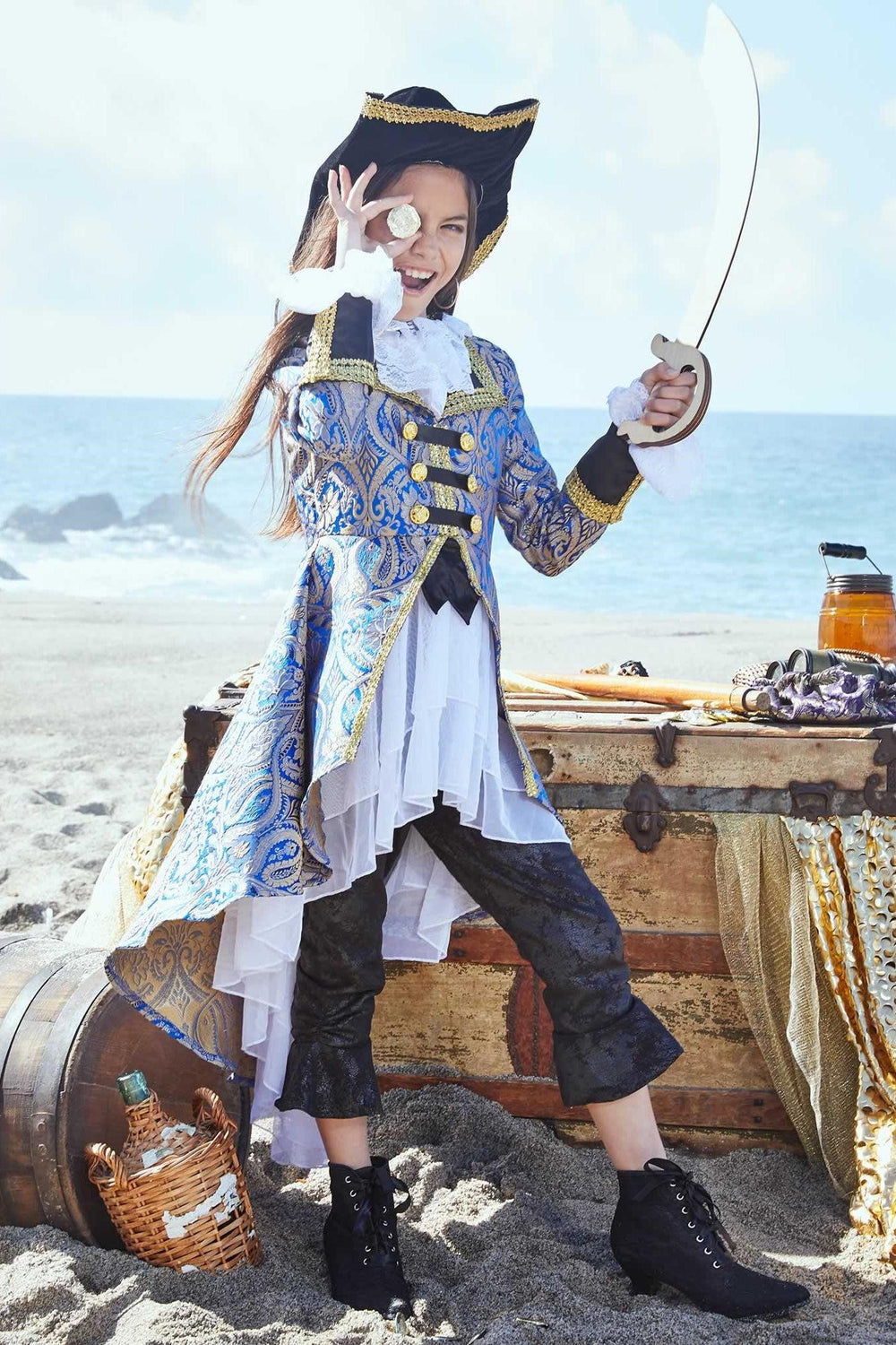 Blue Brocade Pirate Costume for Girls